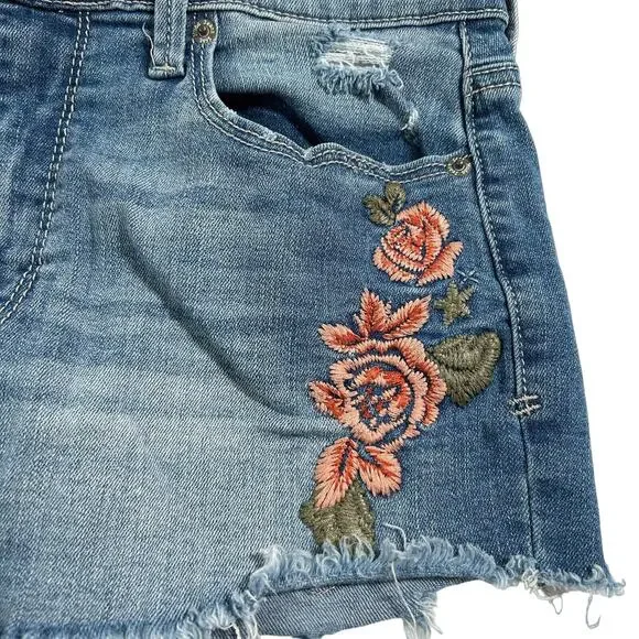 Mudd Jean Shorts 5 High Rise Shortie Floral Embroidered Frayed Raw Hem Stretch - Picture 10 of 13